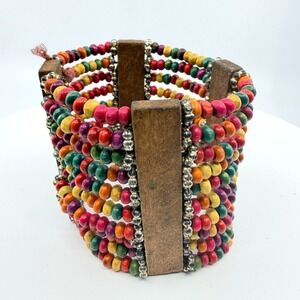 Vintage Boho Multicolor Wood Bead Stretch Cuff Bracelet Y2K Festival